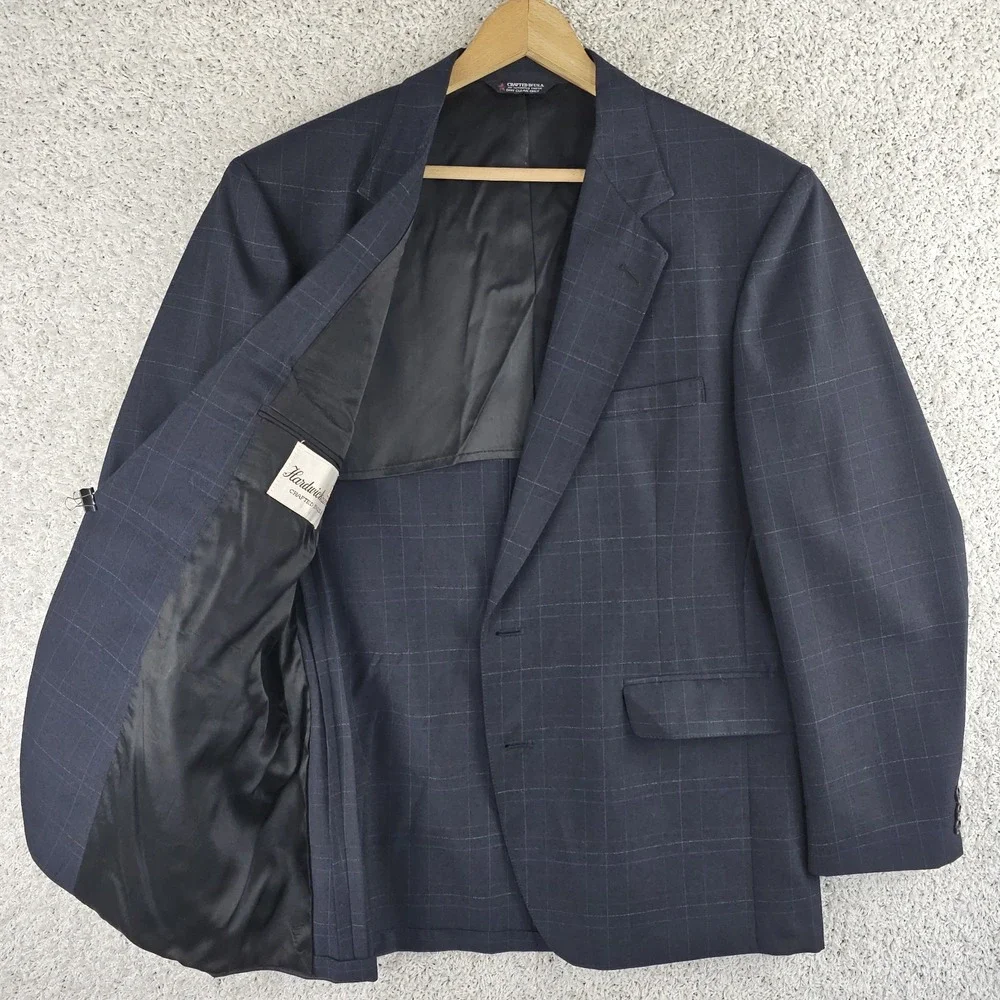 Vintage Hardwick Clothes Windowpane Navy Blazer Sport Coat Mens 44 R Made In USA